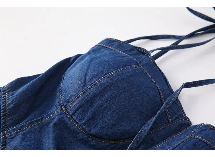 Summer Women Sexy Slip Denim Dress Strapless Lace-up High Waist Dress - Blade & Thread