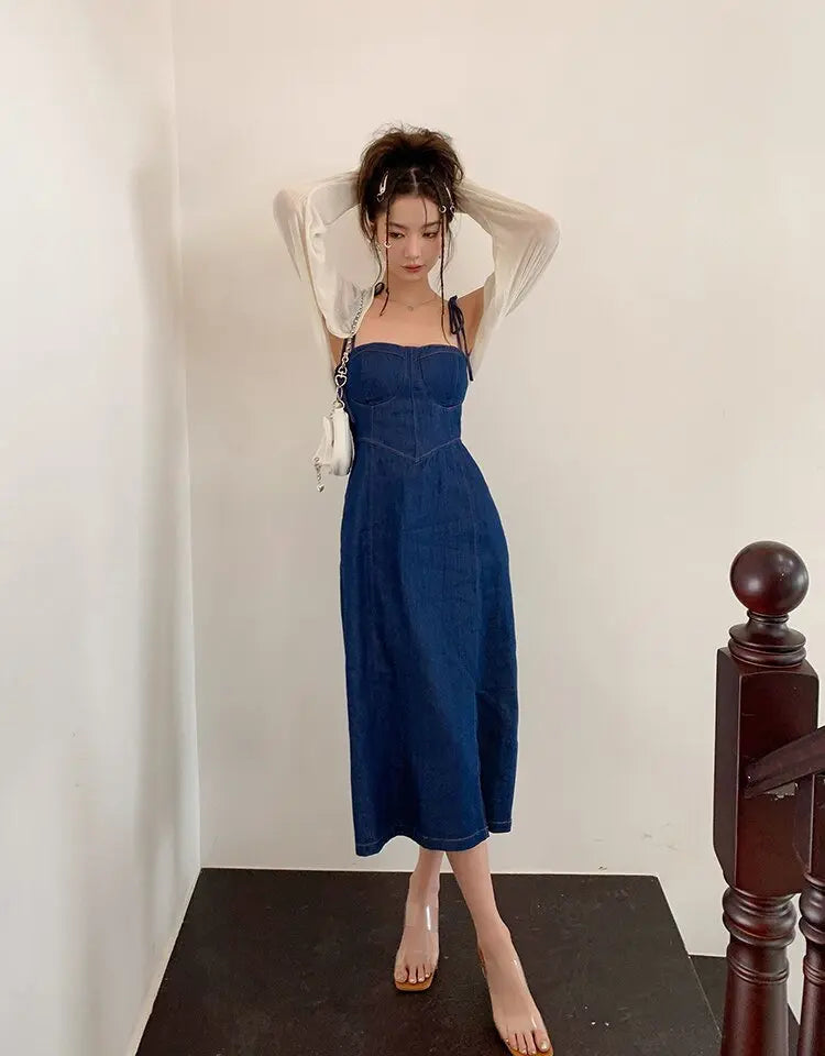 Summer Women Sexy Slip Denim Dress Strapless Lace-up High Waist Dress - Blade & Thread