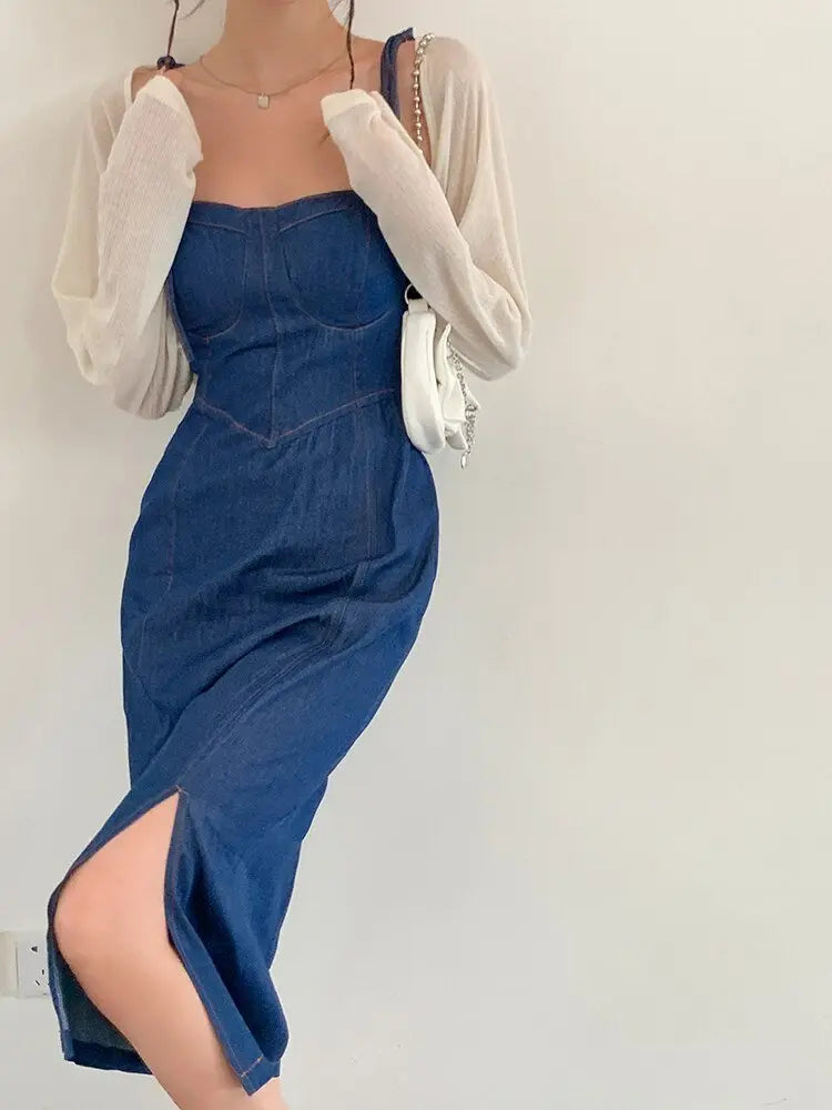 Summer Women Sexy Slip Denim Dress Strapless Lace-up High Waist Dress - Blade & Thread