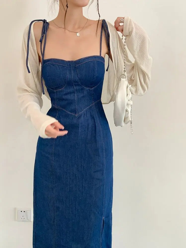 Summer Women Sexy Slip Denim Dress Strapless Lace-up High Waist Dress nowadaysfashion