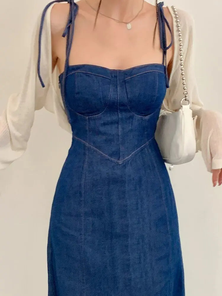 Summer Women Sexy Slip Denim Dress Strapless Lace-up High Waist Dress nowadaysfashion