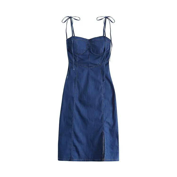 Summer Women Sexy Slip Denim Dress Strapless Lace-up High Waist Dress - Blade & Thread