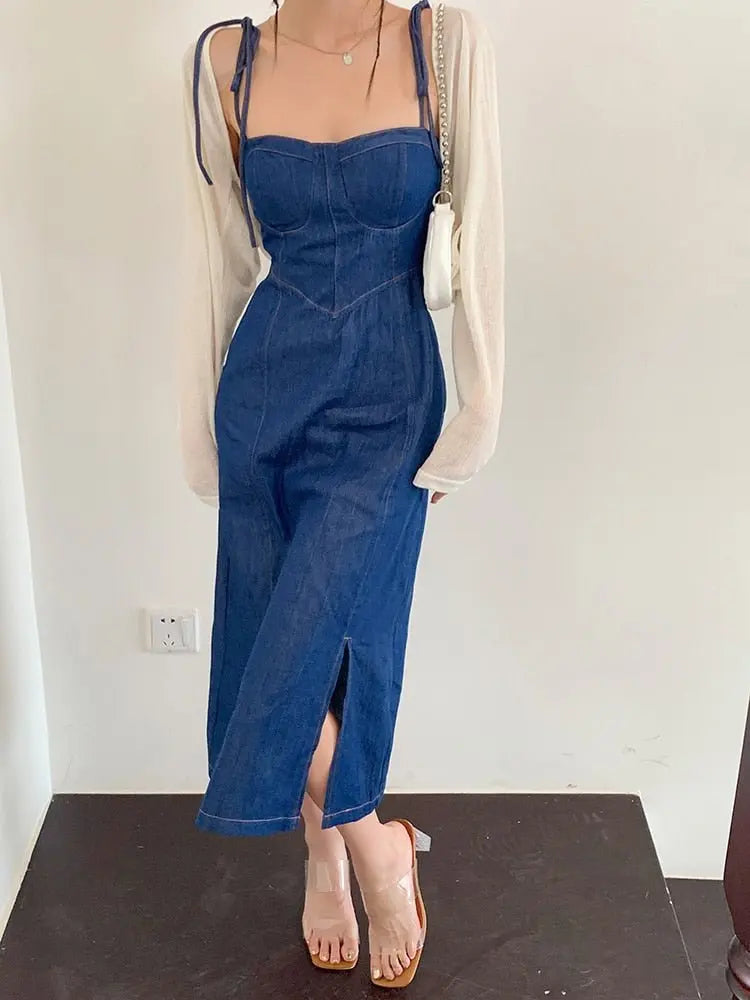 Summer Women Sexy Slip Denim Dress Strapless Lace-up High Waist Dress nowadaysfashion