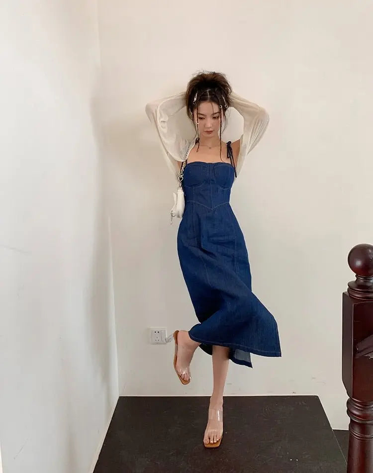 Summer Women Sexy Slip Denim Dress Strapless Lace-up High Waist Dress nowadaysfashion