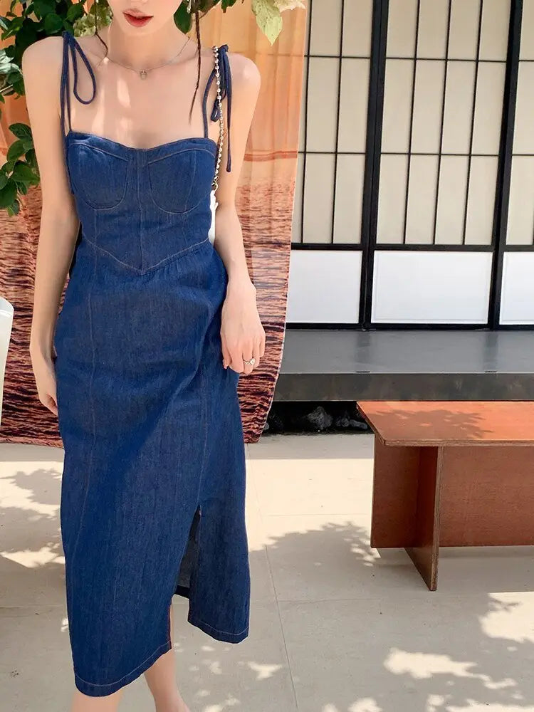 Summer Women Sexy Slip Denim Dress Strapless Lace-up High Waist Dress - Blade & Thread