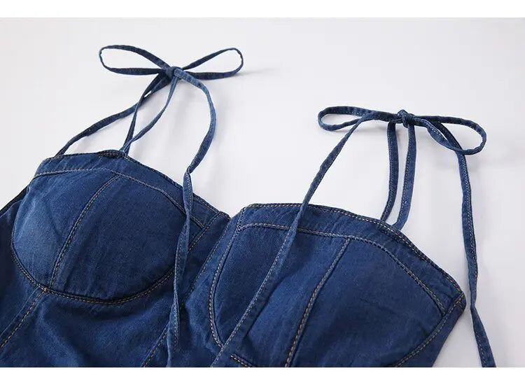 Summer Women Sexy Slip Denim Dress Strapless Lace-up High Waist Dress - Blade & Thread