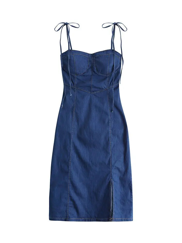 Summer Women Sexy Slip Denim Dress Strapless Lace-up High Waist Dress - Blade & Thread