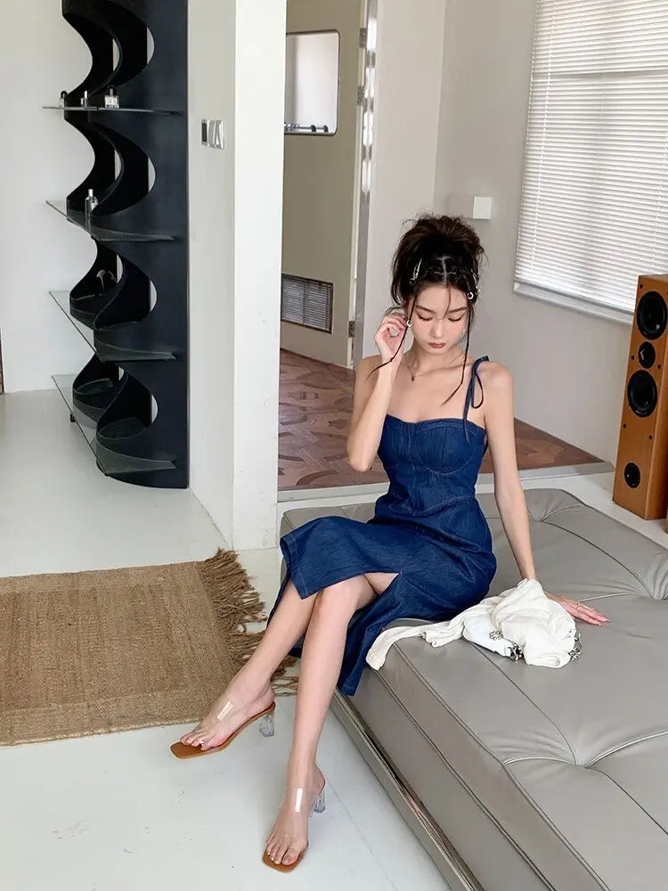 Summer Women Sexy Slip Denim Dress Strapless Lace-up High Waist Dress - Blade & Thread