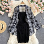 Summer Women Two Piece Set Plaid Long Sleeve Sunscreen Shirt+A-line Knitting Slip Dress nowadaysfashion