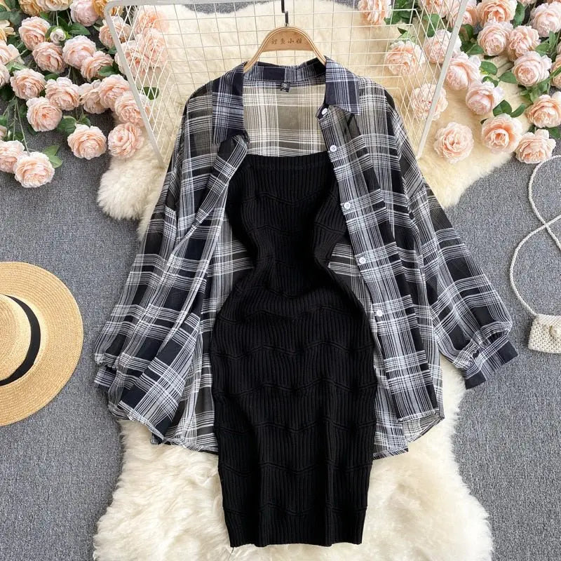 Summer Women Two Piece Set Plaid Long Sleeve Sunscreen Shirt+A-line Knitting Slip Dress - Blade & Thread
