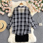 Summer Women Two Piece Set Plaid Long Sleeve Sunscreen Shirt+A-line Knitting Slip Dress nowadaysfashion