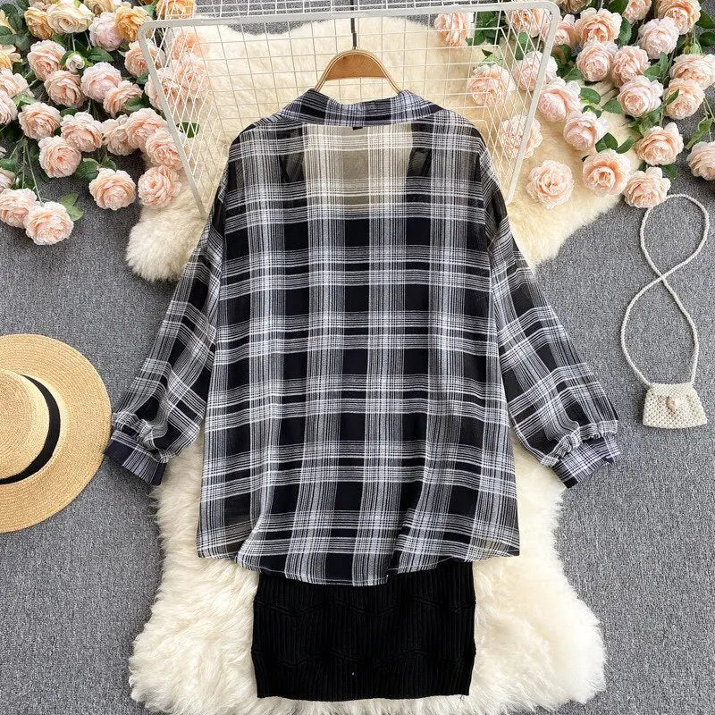 Summer Women Two Piece Set Plaid Long Sleeve Sunscreen Shirt+A-line Knitting Slip Dress - Blade & Thread