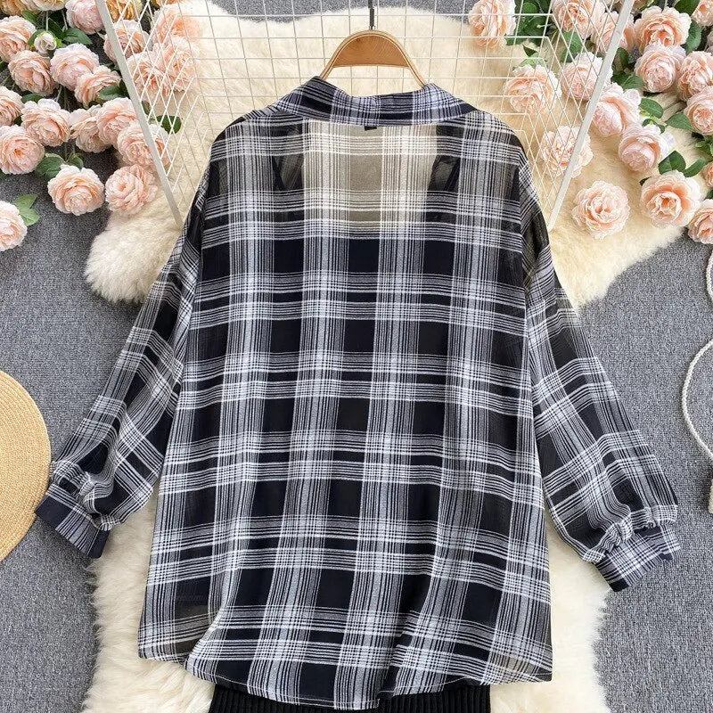 Summer Women Two Piece Set Plaid Long Sleeve Sunscreen Shirt+A-line Knitting Slip Dress nowadaysfashion