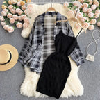 Summer Women Two Piece Set Plaid Long Sleeve Sunscreen Shirt+A-line Knitting Slip Dress nowadaysfashion