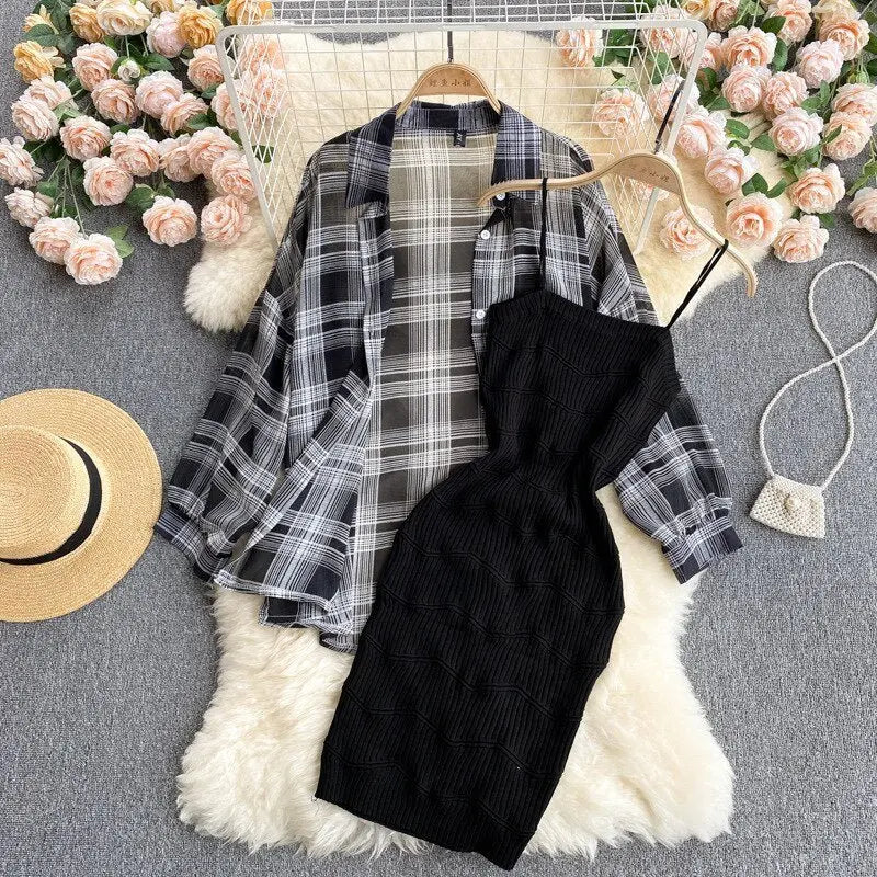 Summer Women Two Piece Set Plaid Long Sleeve Sunscreen Shirt+A-line Knitting Slip Dress - Blade & Thread