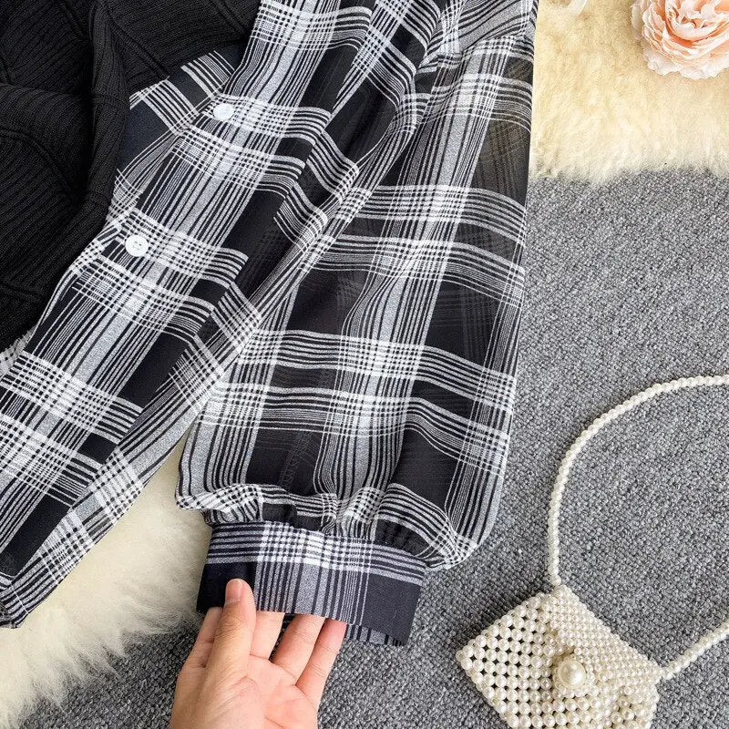 Summer Women Two Piece Set Plaid Long Sleeve Sunscreen Shirt+A-line Knitting Slip Dress - Blade & Thread
