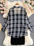 Summer Women Two Piece Set Plaid Long Sleeve Sunscreen Shirt+A-line Knitting Slip Dress nowadaysfashion