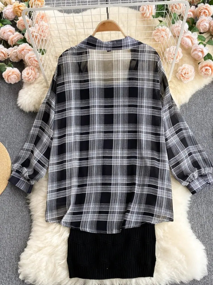 Summer Women Two Piece Set Plaid Long Sleeve Sunscreen Shirt+A-line Knitting Slip Dress nowadaysfashion