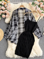 Summer Women Two Piece Set Plaid Long Sleeve Sunscreen Shirt+A-line Knitting Slip Dress nowadaysfashion