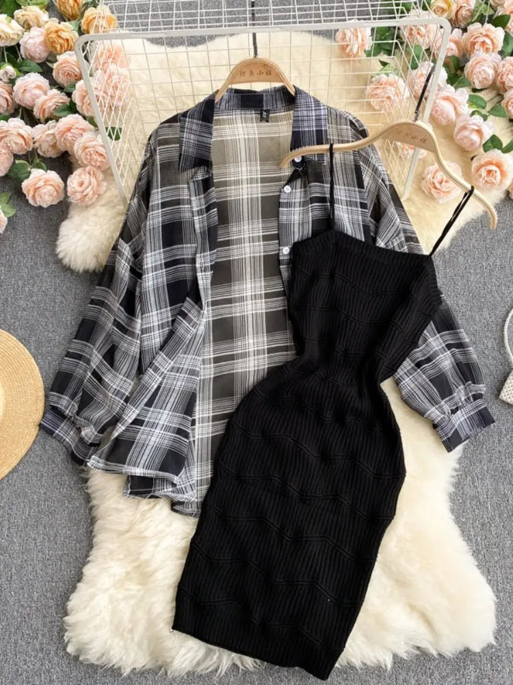 Summer Women Two Piece Set Plaid Long Sleeve Sunscreen Shirt+A-line Knitting Slip Dress nowadaysfashion