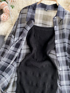Summer Women Two Piece Set Plaid Long Sleeve Sunscreen Shirt+A-line Knitting Slip Dress nowadaysfashion