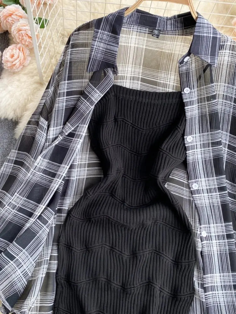Summer Women Two Piece Set Plaid Long Sleeve Sunscreen Shirt+A-line Knitting Slip Dress nowadaysfashion