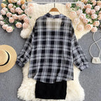 Summer Women Two Piece Set Plaid Long Sleeve Sunscreen Shirt+A-line Knitting Slip Dress nowadaysfashion