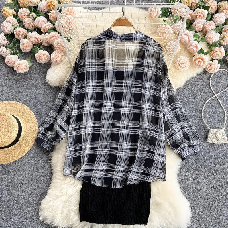 Summer Women Two Piece Set Plaid Long Sleeve Sunscreen Shirt+A-line Knitting Slip Dress - Blade & Thread
