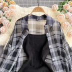 Summer Women Two Piece Set Plaid Long Sleeve Sunscreen Shirt+A-line Knitting Slip Dress nowadaysfashion