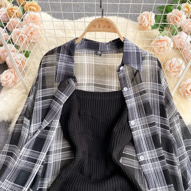 Summer Women Two Piece Set Plaid Long Sleeve Sunscreen Shirt+A-line Knitting Slip Dress - Blade & Thread