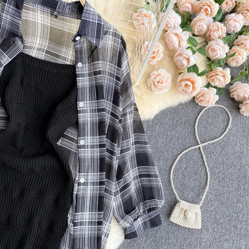 Summer Women Two Piece Set Plaid Long Sleeve Sunscreen Shirt+A-line Knitting Slip Dress nowadaysfashion