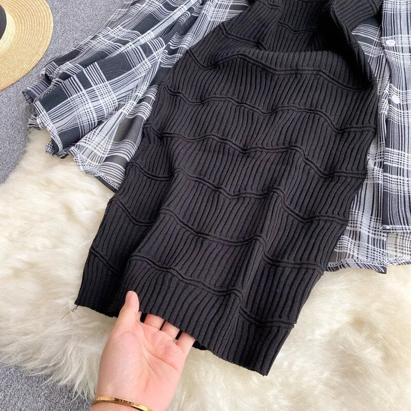 Summer Women Two Piece Set Plaid Long Sleeve Sunscreen Shirt+A-line Knitting Slip Dress nowadaysfashion