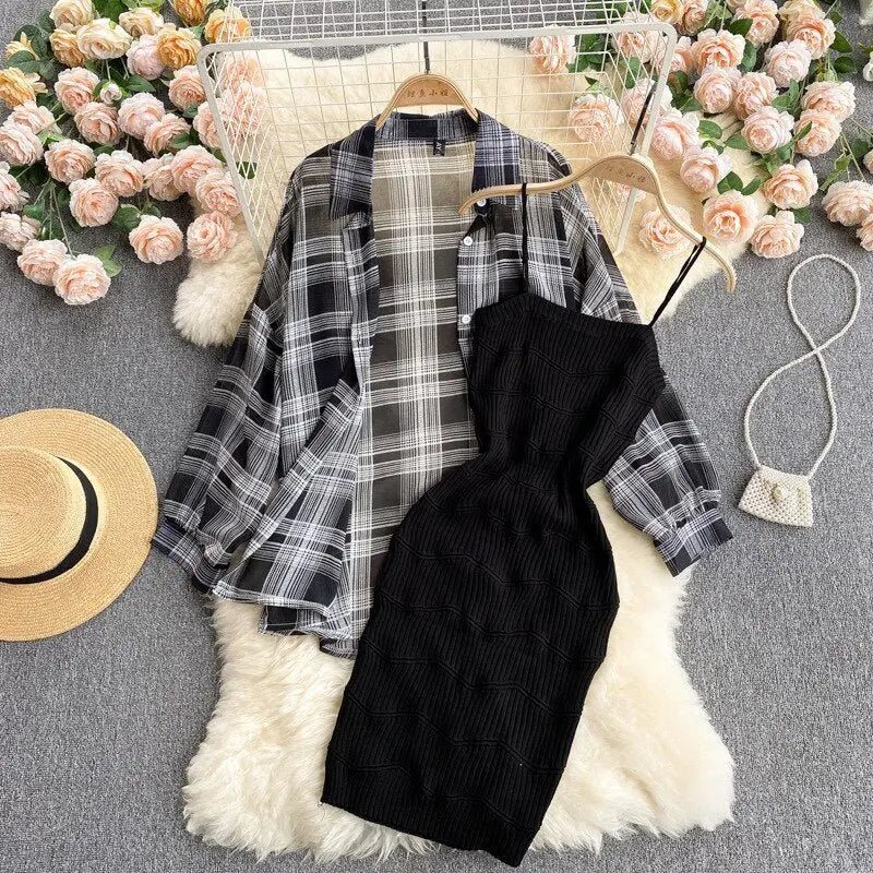 Summer Women Two Piece Set Plaid Long Sleeve Sunscreen Shirt+A-line Knitting Slip Dress - Blade & Thread
