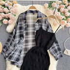 Summer Women Two Piece Set Plaid Long Sleeve Sunscreen Shirt+A-line Knitting Slip Dress nowadaysfashion