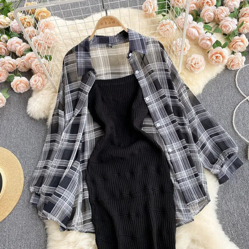 Summer Women Two Piece Set Plaid Long Sleeve Sunscreen Shirt+A-line Knitting Slip Dress - Blade & Thread