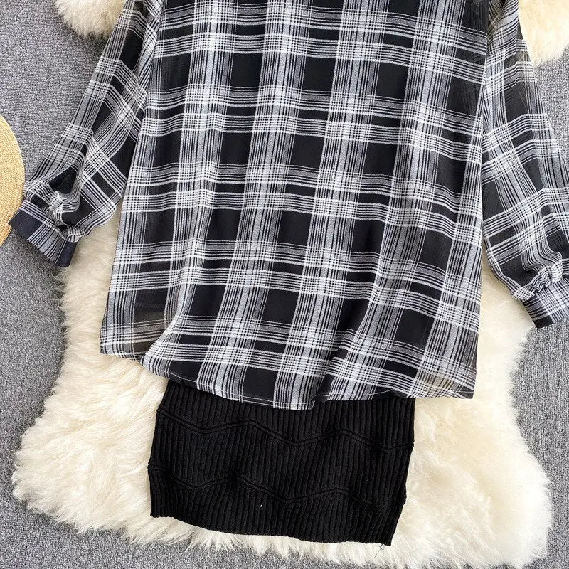 Summer Women Two Piece Set Plaid Long Sleeve Sunscreen Shirt+A-line Knitting Slip Dress - Blade & Thread