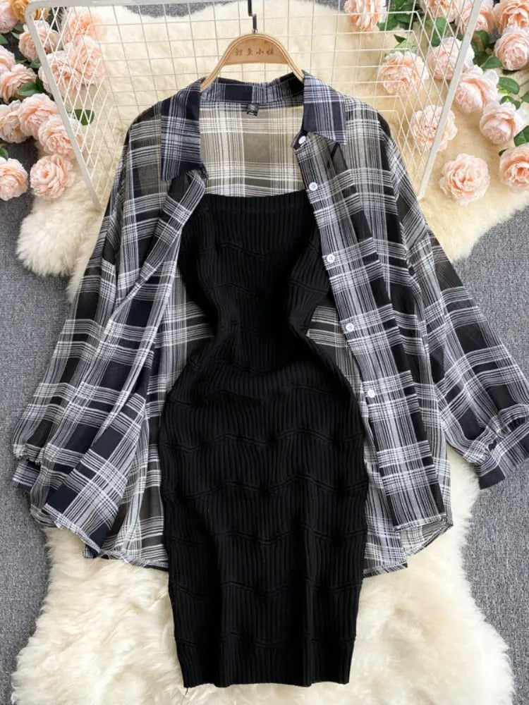 Summer Women Two Piece Set Plaid Long Sleeve Sunscreen Shirt+A-line Knitting Slip Dress - Blade & Thread