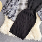 Summer Women Two Piece Set Plaid Long Sleeve Sunscreen Shirt+A-line Knitting Slip Dress nowadaysfashion