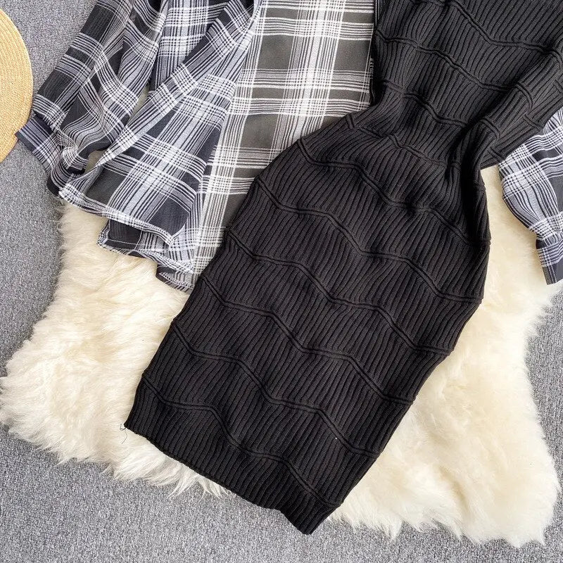 Summer Women Two Piece Set Plaid Long Sleeve Sunscreen Shirt+A-line Knitting Slip Dress - Blade & Thread