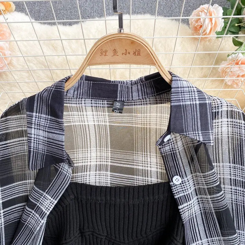Summer Women Two Piece Set Plaid Long Sleeve Sunscreen Shirt+A-line Knitting Slip Dress nowadaysfashion