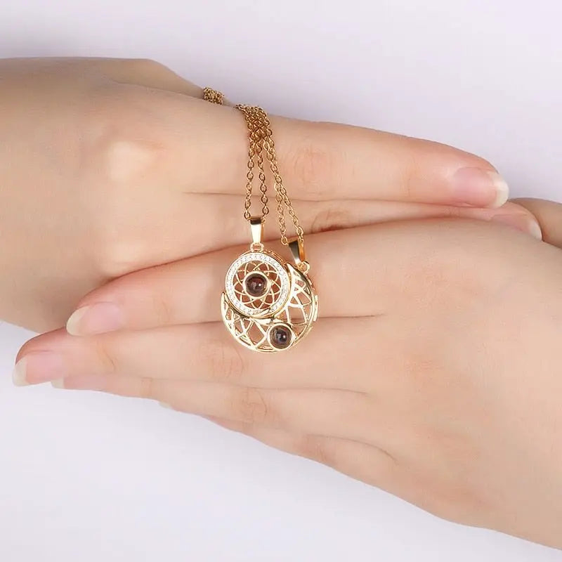 Sun And Moon Love Memory Confession 100 Languages I Love You Necklace Projection Gold Chian Couple Pendant - Blade & Thread