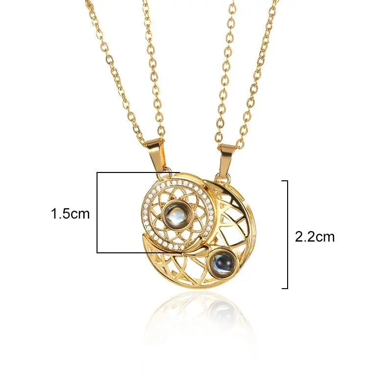 Sun And Moon Love Memory Confession 100 Languages I Love You Necklace Projection Gold Chian Couple Pendant - Blade & Thread