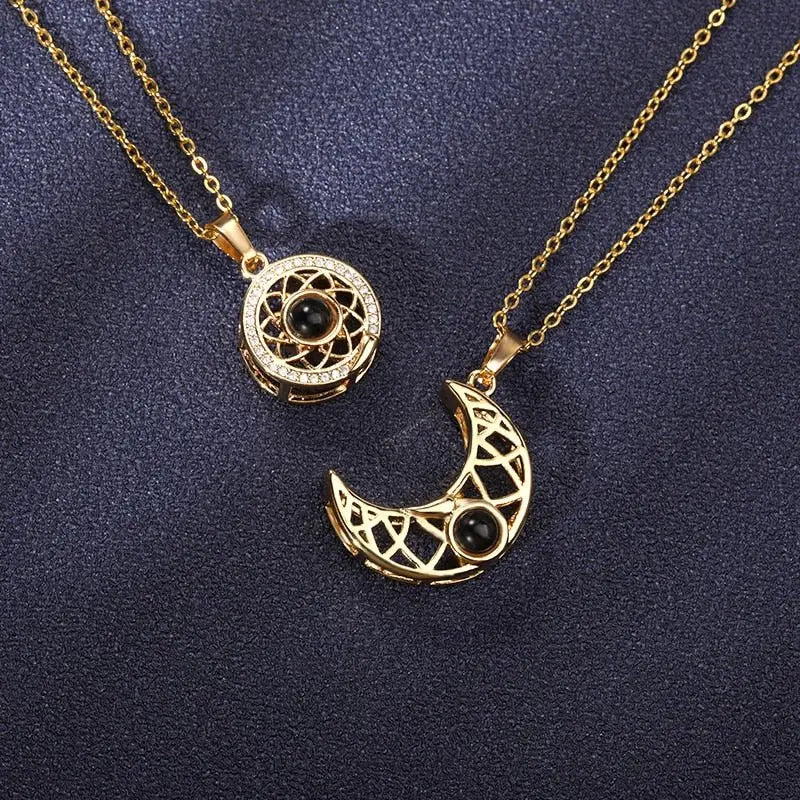 Sun And Moon Love Memory Confession 100 Languages I Love You Necklace Projection Gold Chian Couple Pendant - Blade & Thread