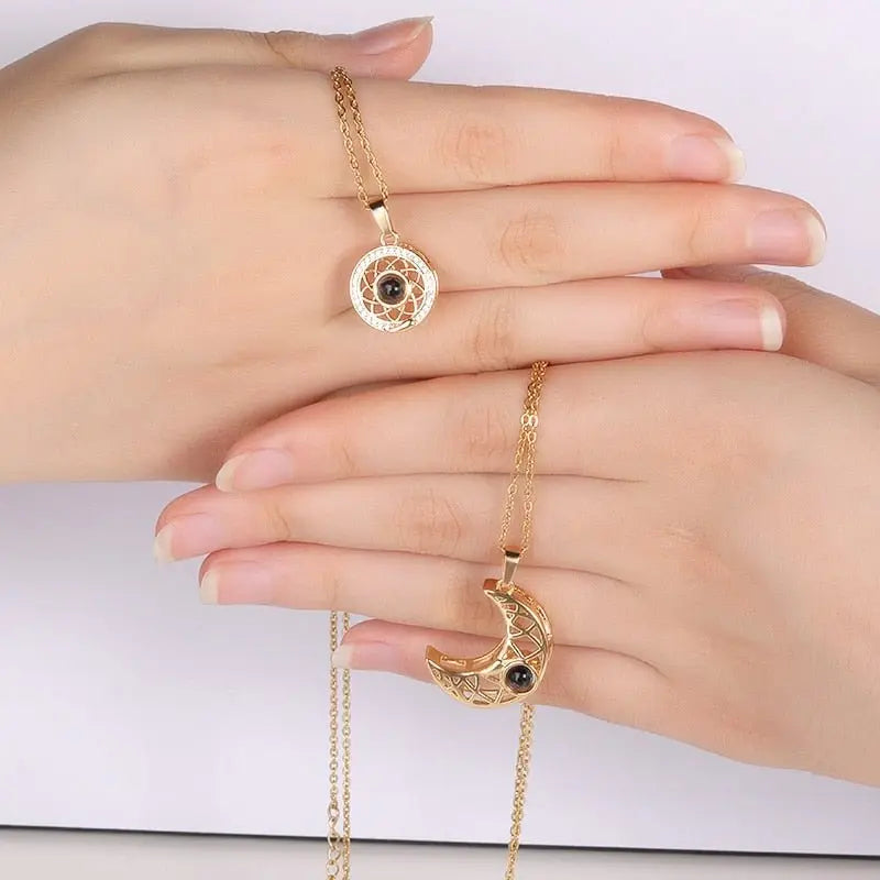 Sun And Moon Love Memory Confession 100 Languages I Love You Necklace Projection Gold Chian Couple Pendant - Blade & Thread