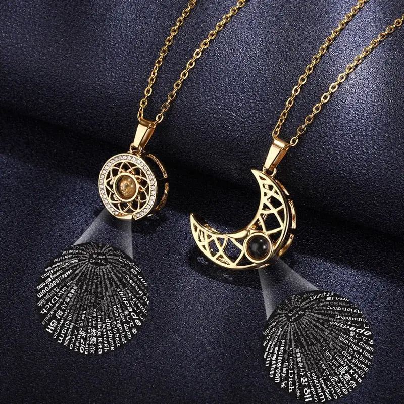 Sun And Moon Love Memory Confession 100 Languages I Love You Necklace Projection Gold Chian Couple Pendant - Blade & Thread