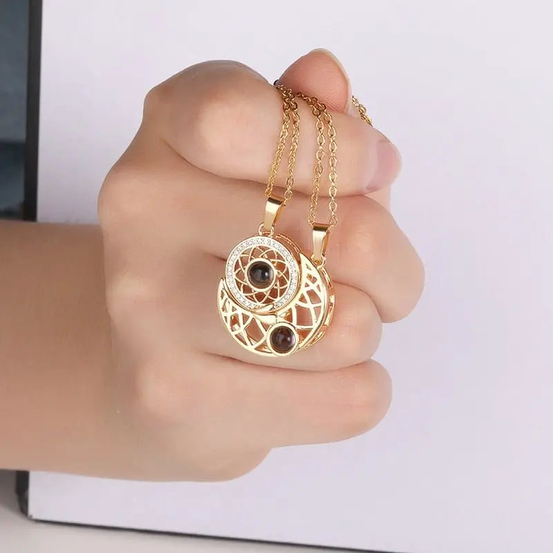 Sun And Moon Love Memory Confession 100 Languages I Love You Necklace Projection Gold Chian Couple Pendant - Blade & Thread