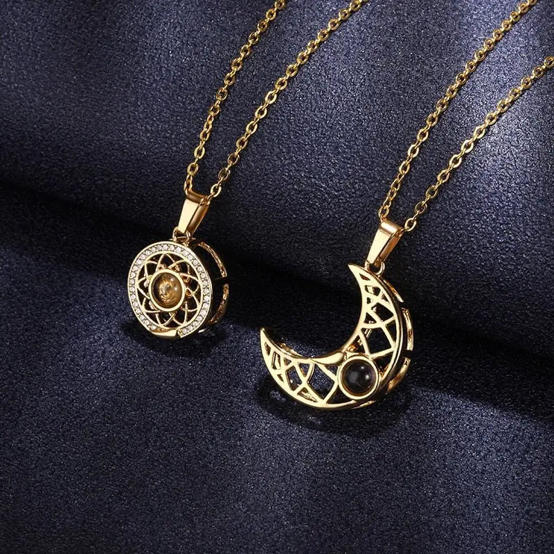 Sun And Moon Love Memory Confession 100 Languages I Love You Necklace Projection Gold Chian Couple Pendant - Blade & Thread