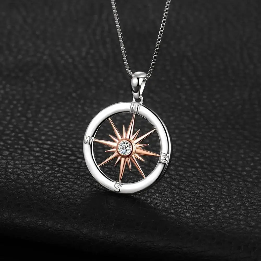 Sun Star Compass Necklace Circle Rose Gold Cubic Zirconia Pendant - Blade & Thread