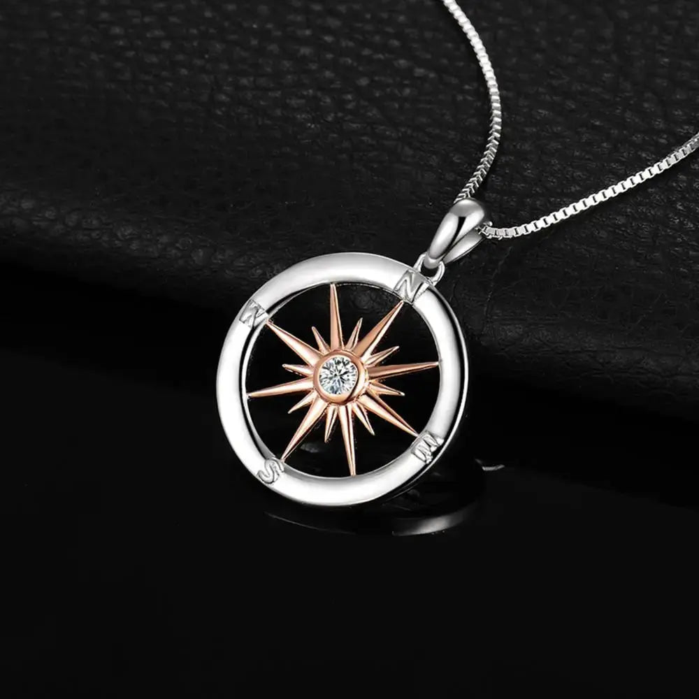 Sun Star Compass Necklace Circle Rose Gold Cubic Zirconia Pendant nowadaysfashion