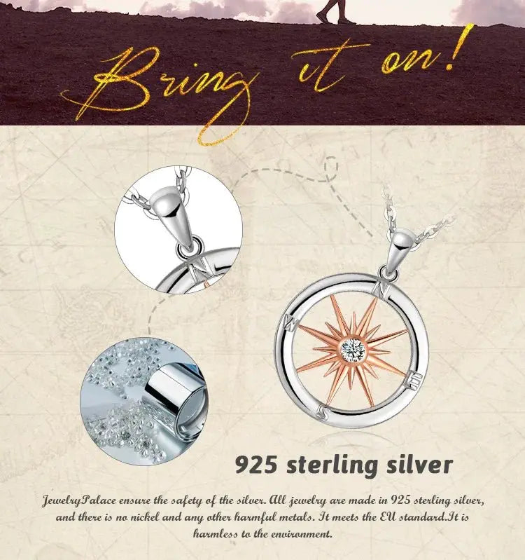 Sun Star Compass Necklace Circle Rose Gold Cubic Zirconia Pendant - Blade & Thread